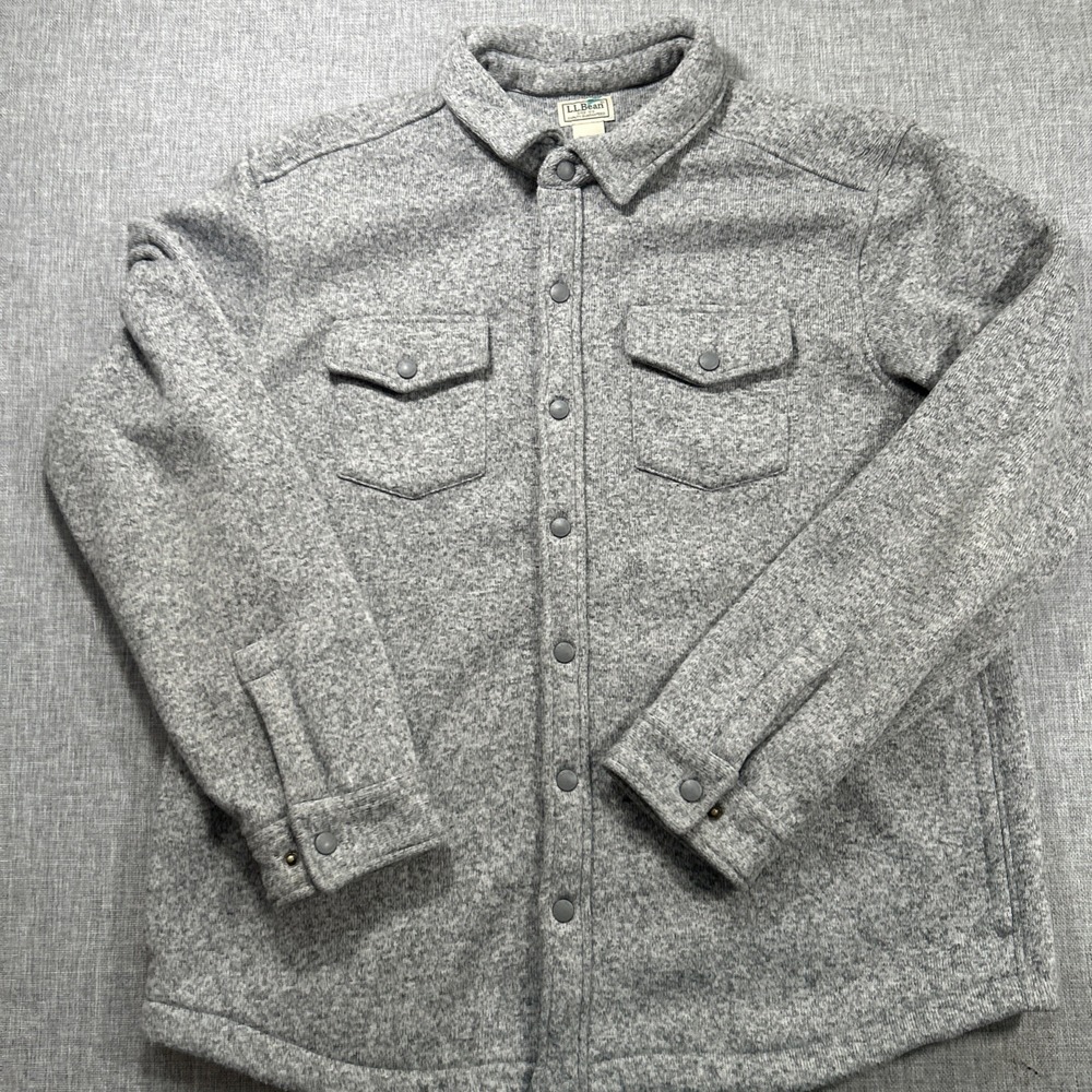 LL Bean Knit Fleece Snap Front Shirt Jacket Mens XL Reg Gray Sweater Shacket